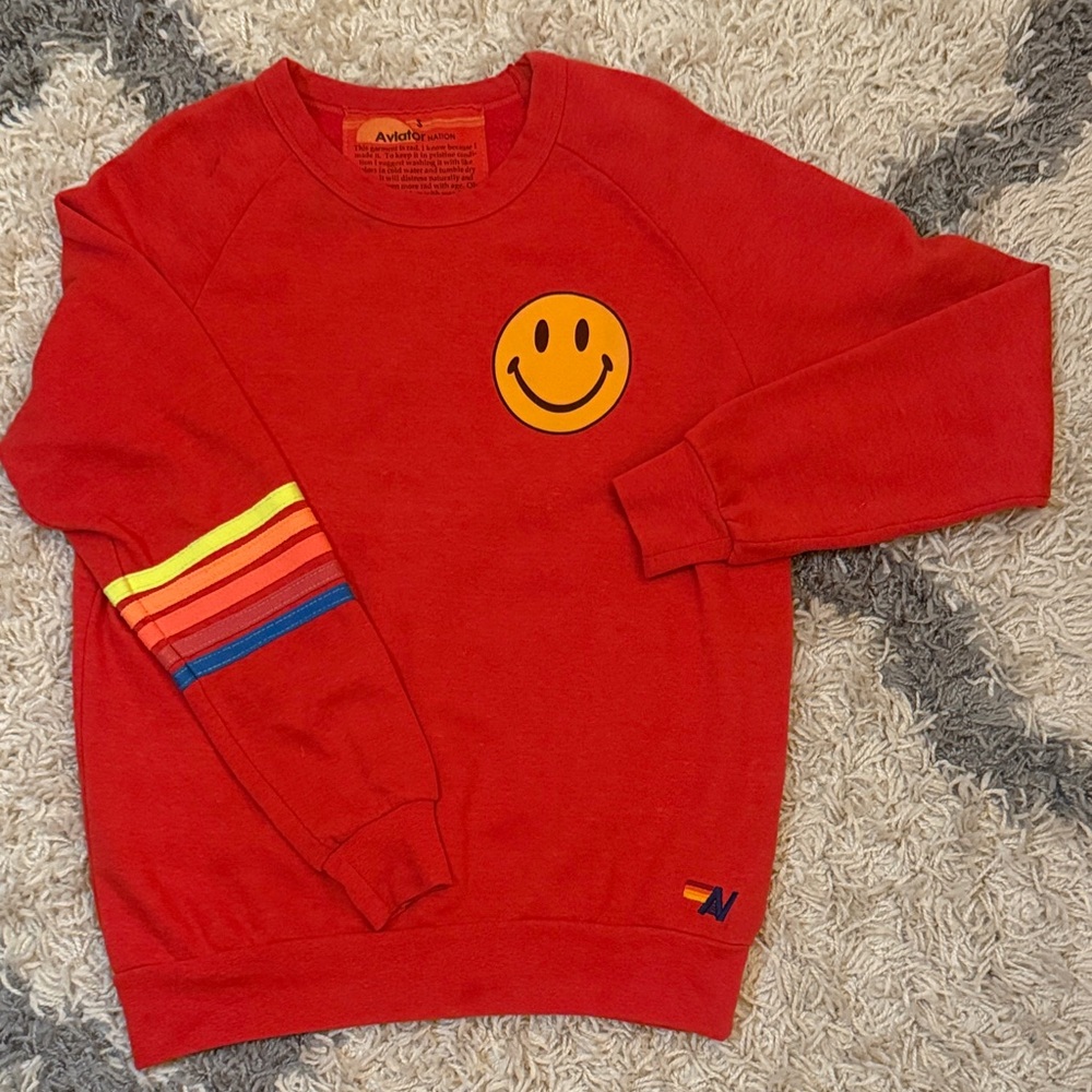Aviator Nation Red Crewneck Sweater with Smiley and Stripes